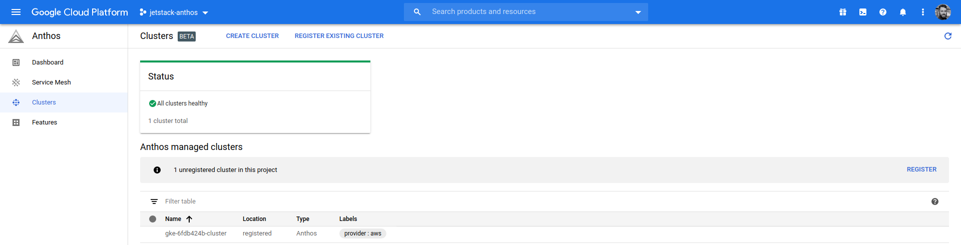 User cluster registered