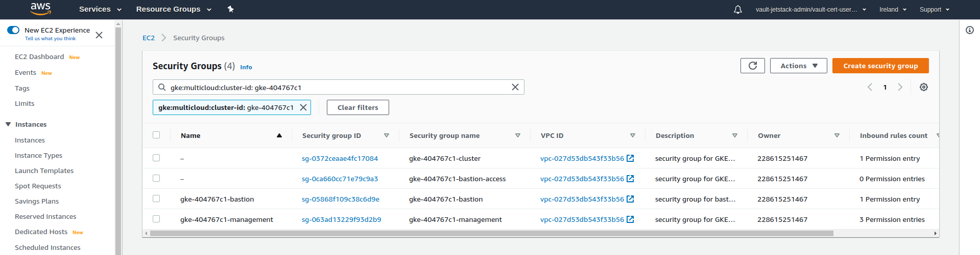 Management cluster SGs