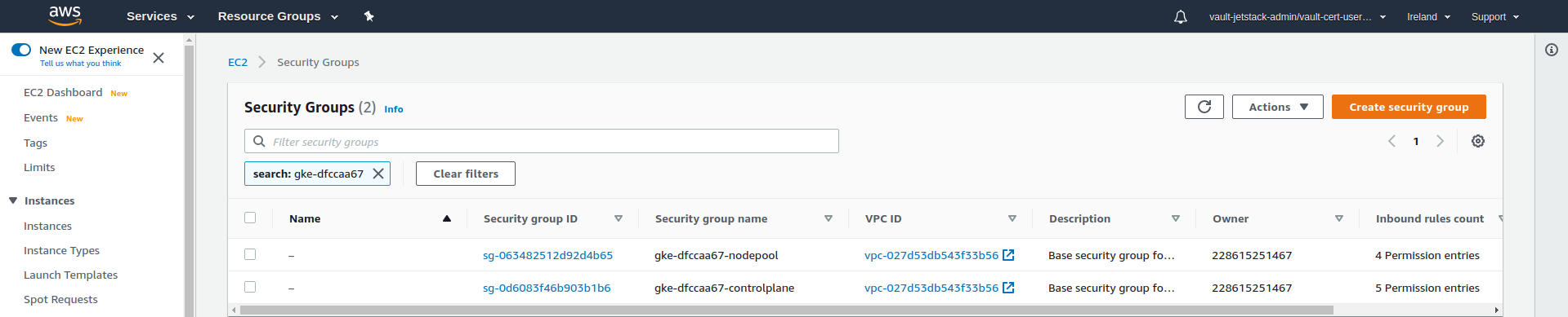 Management cluster SGs