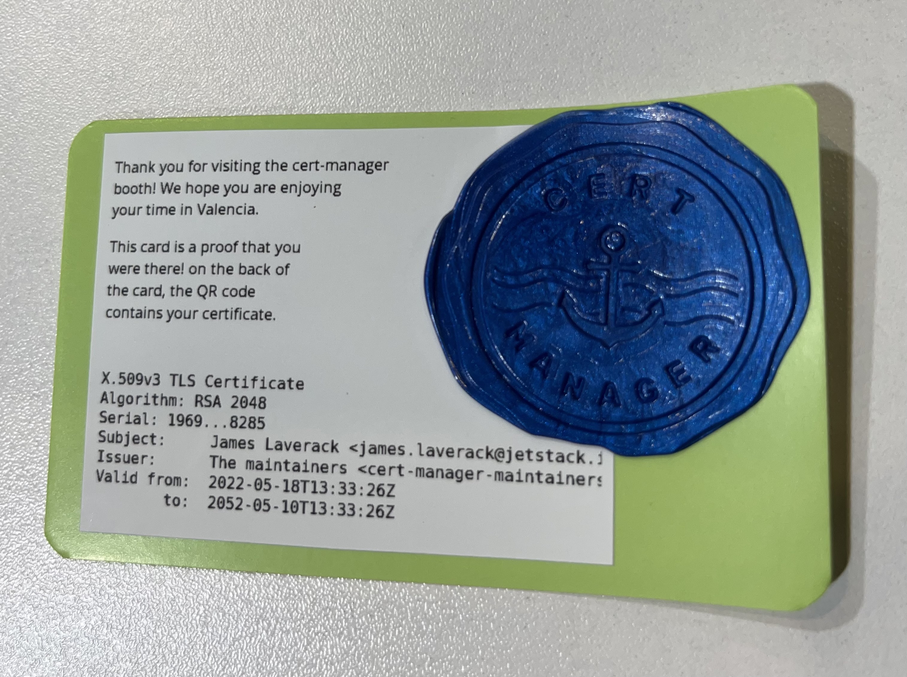 A wax-stamped cert-manager certificate paper from KubeCon Valencia