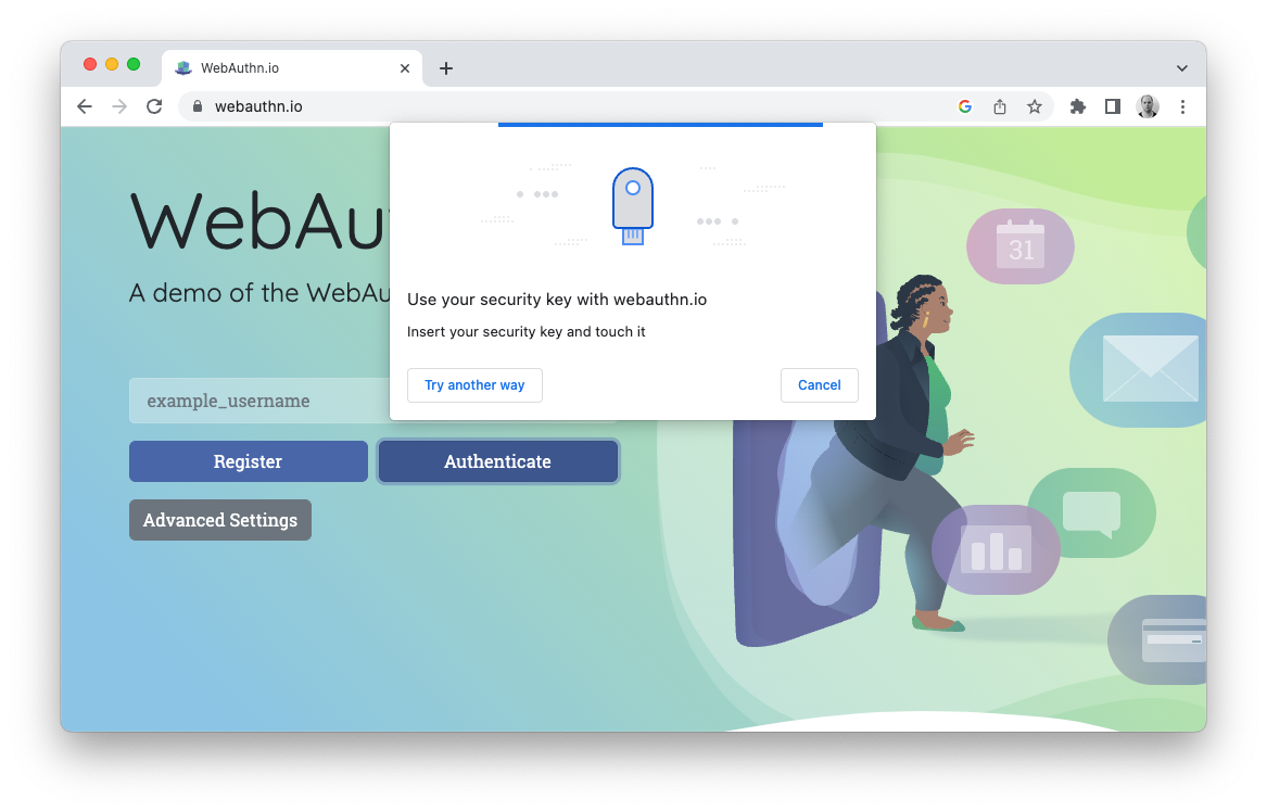 A screenshot of Google Chrome on macOS. The website webauthn.io is open. A popup over the website has an icon of a USB key and says 'Use your security key with webauthn.io' and 'Insert your security key and touch it'. Two options are presented on the popup: 'Try another way' and 'Cancel'.